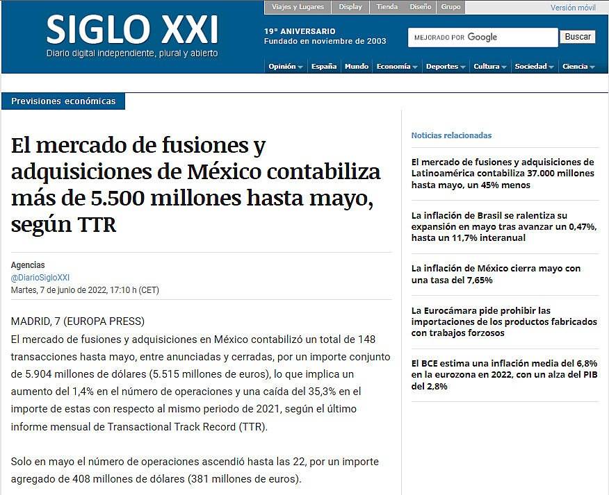 El mercado de fusiones y adquisiciones de Mxico contabiliza ms de 5.500 millones hasta mayo, segn TTR